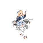  1girl anchor beret blonde_hair blue_bow blue_eyes blue_jacket blue_ribbon blush bow breasts cannon cowboy_hat cropped_jacket dress full_body gun handgun hat holding holding_gun holding_weapon jacket long_sleeves looking_at_viewer machinery medium_breasts mini_hat necktie official_art omaha_(zhan_jian_shao_nyu) open_mouth pocket propeller remodel_(zhan_jian_shao_nyu) revolver ribbon rigging rudder_shoes sailor_collar sailor_hat shoes solo submachine_gun thigh_strap thighhighs thompson_submachine_gun transparent_background turret weapon white_dress white_footwear white_hat white_legwear white_ribbon zettai_ryouiki zhan_jian_shao_nyu 