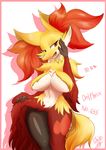  big_breasts breasts delphox female kyodashiro nintendo pok&eacute;mon red_eyes signature simple_background solo thick_thighs video_games 