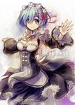  blue_eyes blue_hair breasts cleavage detached_sleeves dress hair_ornament hair_over_one_eye hair_ribbon hazel_(silver_vine) headdress looking_at_viewer maid medium_breasts re:zero_kara_hajimeru_isekai_seikatsu rem_(re:zero) ribbon short_hair simple_background solo standing white_legwear x_hair_ornament 