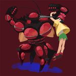  antennae beanie black_eyes black_hair bright_pupils bug buzzwole gen_7_pokemon green_shorts hat insect insect_wings legendary_pokemon looking_at_another mizuki_(pokemon) mosquito muscle pleo pokemon pokemon_(creature) pokemon_(game) pokemon_sm red_background red_hat shirt shoes short_hair short_sleeves shorts simple_background sneakers solo ultra_beast wings yellow_shirt 
