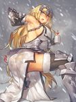  armpits ass black_legwear blonde_hair blue_eyes blush breasts cup directional_arrow fate/apocrypha fate/grand_order fate_(series) fur-trimmed_legwear fur_trim gauntlets highres jeanne_d'arc_(fate) jeanne_d'arc_(fate)_(all) large_breasts long_hair looking_at_viewer melon22 mug open_mouth sideboob snowing solo thighhighs thighs very_long_hair 