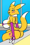  bikini blue_eyes breasts butt chest_fur chest_tuft clothing creatiffy_(artist) digimon facial_markings female fur looking_to_the_viewer markings renamon side_boob swimming_pool swimsuit tuft unsure yellow_fur 