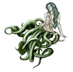 bandage breasts eyes_closed female green_skin grey_skin hair long_hair naked_bandage scribbletati simple_background small_breasts solo teal_hair tentacles white_background 