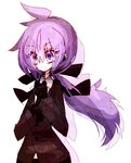  ahoge black_gloves black_jacket black_neckwear black_ribbon closed_mouth gloves highres ibara_yami jacket lila_(pokemon) long_hair long_sleeves low_ponytail necktie pokemon pokemon_(game) pokemon_sm purple_eyes purple_hair ribbon simple_background solo white_background 