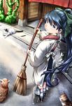  animal blue_eyes blue_hair broom cat from_above hair_between_eyes hakama high_ponytail houshou_(kantai_collection) japanese_clothes kantai_collection kappougi light_smile lips long_hair looking_at_viewer outdoors perspective plant ponytail revision road solo standing street sweeping wooden_wall yuzu_momo 