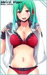  admiral_hipper_(zhan_jian_shao_nyu) bad_id bad_pixiv_id black_gloves blue_border blush border bow bra breasts character_name chirashi_(so) cleavage collarbone commentary_request eyebrows_visible_through_hair fingerless_gloves gloves green_hair large_breasts long_hair looking_at_viewer navel open_clothes open_mouth open_shirt panties red_bow red_bra red_eyes red_panties shirt simple_background solo text_focus underwear undressing upper_body white_background white_shirt zhan_jian_shao_nyu 