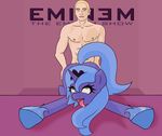  2014 bestiality blue_eyes blue_fur blue_hair coinpo crown duo eminem english_text equine female feral friendship_is_magic fucked_silly fur hair horn human human_on_feral interspecies male male/female mammal my_little_pony princess_luna_(mlp) sex text tongue tongue_out unicorn 