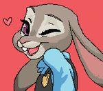  &lt;3 2016 anthro buckteeth clothed clothing cute digital_media_(artwork) disney drawer_(artist) female fur grey_fur happy judy_hopps lagomorph looking_at_viewer mammal one_eye_closed open_mouth pixel_(artwork) police_uniform rabbit red_background simple_background smile solo teeth uniform wink zootopia 