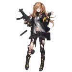  ammunition_pouch armband belt black_gloves black_jacket black_scarf black_skirt blush boots brown_hair buttons cross-laced_footwear damaged fingerless_gloves full_body girls_frontline gloves gun h&amp;k_ump h&amp;k_ump9 hair_ornament hair_ribbon heckler_&amp;_koch holding holding_gun holding_weapon hood hooded_jacket jacket knee_pads lace-up_boots long_hair looking_at_viewer navel official_art open_mouth pantyhose pink_eyes pouch ribbon scar scar_across_eye scarf skirt solo standing strap submachine_gun suppressor suppressor_removed thigh_strap thighhighs torn_clothes torn_legwear transparent_background trigger_discipline twintails ump9_(girls_frontline) walkie-talkie weapon zagala 