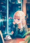  bangs blonde_hair blue_eyes blue_ribbon blurry blush bokeh bra_strap cafe chair chin_rest coffee collarbone commentary cup depth_of_field earrings elbows_on_table eyebrows_visible_through_hair hair_ribbon half_updo hand_on_own_arm hand_on_own_chin highres hiten_(hitenkei) indoors jewelry kagurazaka_reina long_hair long_sleeves looking_away looking_out_window looking_to_the_side off_shoulder original revision ribbon saucer sitting sleeves_past_wrists snow solo steam sweater table teacup upper_body window wistful 
