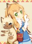  animal animal_ears blonde_hair braid cat cat_ears commentary_request elbow_gloves felyne gloves green_eyes kikistark looking_at_viewer medium_hair meowstress monster_hunter monster_hunter_x 