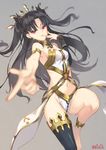  anklet asymmetrical_legwear asymmetrical_sleeves bare_shoulders barefoot black_hair crown earrings fate/grand_order fate_(series) hair_ribbon hoop_earrings ishtar_(fate/grand_order) jewelry long_hair long_legs looking_at_viewer navel neck_ring pelvic_curtain red_eyes ribbon single_thighhigh solo thighhighs two_side_up you06 