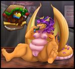  2016 ambiguous_gender anthro areola big_breasts blue_scales breasts brown_hair burger charchu_(artist) claws close-up dialogue dragon duo eating english_text female food hair huge_breasts imminent_vore larger_female long_hair membranous_wings nipples nude open_mouth overweight pink_nipples purple_hair pussy scales scalie sitting size_difference spread_legs spreading teeth text toe_claws tongue vore wings 