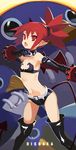  aishlove belt bird black_bra black_gloves black_legwear black_shorts bra choker copyright_name demon_tail disgaea elbow_gloves etna gloves looking_at_viewer makai_senki_disgaea midriff penguin pointy_ears prinny red_eyes red_hair short_hair short_shorts shorts slit_pupils spiked_hair tail thighhighs tongue underwear wings 