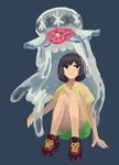  beanie black_eyes black_hair blue_background floral_print gen_7_pokemon green_shorts hat hat_removed headwear_removed jellyfish looking_away looking_to_the_side mizuki_(pokemon) nihilego pleo pokemon pokemon_(creature) pokemon_(game) pokemon_sm red_hat shirt shoes short_hair short_sleeves shorts simple_background sitting sneakers solo ultra_beast yellow_shirt 