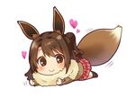  blush brown_eyes brown_hair chibi eevee fusion gen_1_pokemon half_updo heart idolmaster idolmaster_cinderella_girls image_sample long_hair lying on_stomach one_side_up paopao plaid plaid_skirt pokemon pokemon_(creature) pokemon_ears school_uniform shimamura_uzuki simple_background skirt smile solo tail tail_wagging twitter_sample white_background 