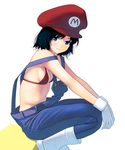  bangs bare_shoulders bikini_top black_hair blue_eyes blush boots breasts cabbie_hat from_side genderswap genderswap_(mtf) gloves hands_on_own_knees hat highres looking_at_viewer mario mario_(series) masao overalls red_bikini_top red_hat short_hair simple_background sitting skindentation small_breasts smile solo squatting super_mario_bros. suspenders suspenders_slip white_background white_footwear white_gloves 
