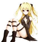  black_dress blonde_hair brown_eyes cleavage_cutout detached_sleeves dress eyebrows_visible_through_hair hand_over_heart kaie konjiki_no_yami long_hair looking_at_viewer simple_background sitting solo star_cutout thigh_strap to_love-ru to_love-ru_darkness two_side_up white_background 