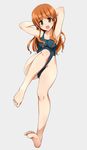  arms_behind_back bangs blue_swimsuit blunt_bangs blush full_body girls_und_panzer highleg highleg_swimsuit long_hair looking_at_viewer one-piece_swimsuit open_mouth orange_eyes orange_hair ouhashi school_swimsuit simple_background sitting smile solo swimsuit takebe_saori white_background 