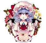 bat_wings blue_hair earrings fangs flower food food_themed_earrings fork ginzuki_ringo hat hat_ribbon highres jewelry knife looking_at_viewer open_mouth pancake pointy_ears puffy_short_sleeves puffy_sleeves red_eyes red_ribbon remilia_scarlet ribbon short_hair short_sleeves simple_background solo strawberry_earrings touhou white_background wings wrist_cuffs 