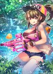  :q apple_caramel baseball_cap breasts brown_eyes brown_hair denim denim_shorts fingerless_gloves forest gloves hat large_breasts licking_lips looking_at_viewer midriff nature navel official_art outdoors ponytail short_shorts shorts solo thighhighs tongue tongue_out trickster water water_gun waterfall white_legwear 