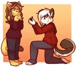  anthro canine clothed clothing duo feline female fur hair male mammal ottahz smile standing tears 