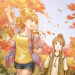  :d anbe_yoshirou arm_up autumn autumn_leaves bag bangs blonde_hair blurry blush bow breasts brown_eyes brown_hair camera cleavage collarbone collared_shirt commentary_request day denim denim_shorts depth_of_field eyebrows_visible_through_hair green_eyes green_hair hair_bow hair_ribbon high_ponytail hino_akane_(idolmaster) idolmaster idolmaster_cinderella_girls leaf long_hair looking_at_another looking_back medium_breasts multiple_girls nature open_clothes open_mouth open_shirt orange_hair outdoors plaid plaid_shirt pointing pointing_up ponytail ribbon running shirt short_shorts shorts sidelocks sleeves_past_wrists sleeves_rolled_up smile strap sweater takamori_aiko tank_top tree twitter_username walking wide_sleeves yellow_bow yellow_eyes yellow_shirt 