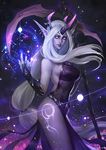  bare_shoulders breasts bridal_gauntlets constellation dark_persona earrings horn horned_headwear jewelry large_breasts league_of_legends leg_tattoo lipstick long_hair looking_at_viewer makeup nail_polish parted_lips pointy_ears purple_eyes purple_skin scythe sideboob signature solo soraka tattoo very_long_hair watermark white_hair xiaoguimist 