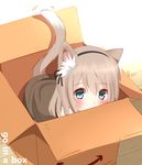  amazon_(company) animal_ears aqua_eyes bangs black_ribbon blush box cardboard_box cat_ears cat_girl cat_tail covered_mouth english eyebrows_visible_through_hair from_above hair_between_eyes hair_ribbon in_box in_container light_brown_hair looking_at_viewer non_(wednesday-classic) original ribbon solo sweater tail tail_wagging 