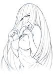  bare_shoulders breasts breasts_outside highres large_breasts long_hair looking_at_viewer lusamine_(pokemon) monochrome mushi024 nipples pokemon pokemon_(game) pokemon_sm simple_background sketch sleeveless smile solo very_long_hair white_background 