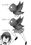  1girl :d ascot beak bird bird_wings breasts chibi comic crow flying gerwalk greyscale hands_up hat hidefu_kitayan legs macross monochrome no_pupils o_o open_mouth pleated_skirt shameimaru_aya shameimaru_aya_(crow) shoes short_hair simple_background skirt smile solo tokin_hat touhou traditional_media transformation translated triangle_mouth white_background wings 