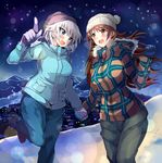  anastasia_(idolmaster) ariaridoradora beanie blue_eyes brown_eyes brown_hair gloves hat holding_hands idolmaster idolmaster_cinderella_girls long_hair looking_at_another love_laika mountain multiple_girls nitta_minami open_mouth pointing short_hair silver_hair smile winter_clothes 