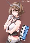  anti_(untea9) bare_shoulders black_skirt breasts brown_background brown_hair collar collarbone commentary_request eyebrows_visible_through_hair finger_to_chin gameplay_mechanics gloves green_eyes hair_between_eyes headgear highres kantai_collection looking_at_viewer medium_breasts midriff mutsu_(kantai_collection) navel open_mouth shaded_face short_hair skirt solo twitter_username white_gloves 