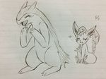  atlas_(artist) eeveelution feral greyscale happy leafeon lined_paper monochrome nintendo open_mouth pencil_(artwork) pok&eacute;mon traditional_media_(artwork) typhlosion video_games 