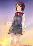  bangs black_skirt bow bowtie brown_eyes brown_hair cloud cloudy_sky collared_shirt commentary crying crying_with_eyes_open dress_shirt evening hair_between_eyes highres horizon kimi_no_na_wa miyamizu_mitsuha nagayori parted_lips pleated_skirt red_bow red_neckwear shirt short_hair skirt sky solo standing string sunset sweater_vest tears teeth white_shirt 