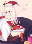  antlers bangs bell black_legwear bow breasts christmas closed_mouth couch detached_sleeves emilia_(re:zero) eyebrows gift hat heart indoors kimm kneeling long_hair looking_at_viewer looking_back medium_breasts purple_eyes re:zero_kara_hajimeru_isekai_seikatsu red_footwear reindeer_antlers santa_costume santa_hat shoes silver_hair smile solo star starry_background thighhighs white_bow 