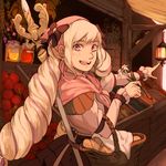  baguette basket blonde_hair bread drill_hair elise_(fire_emblem_if) fire_emblem fire_emblem_if flower food fruit highres katy_ho long_hair long_sleeves market orange pink_eyes pink_scarf pointing scarf solo vegetable 