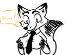  2016 anthro big_breasts black_and_white breasts canine clothed clothing crossgender dialogue disney english_text female fox holding_breast inkyfrog mammal monochrome necktie nick_wilde simple_background smile solo text white_background zootopia 