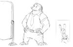  2016 anthro belt black_and_white canine caught claws clothed clothing costume disney duo female flash_slothmore fox hands_on_hips judy_hopps lagomorph male mammal monochrome necktie nick_wilde police_uniform rabbit sloth smile sprinkah standing uniform what zootopia 