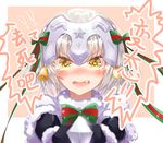  bell black_gloves blonde_hair blush chinese commentary fang fate/grand_order fate_(series) gloves hair_ribbon headpiece highres jeanne_d'arc_(fate)_(all) jeanne_d'arc_alter_santa_lily looking_at_viewer ltai pointing_weapon ribbon simple_background solo tears translated yellow_eyes 