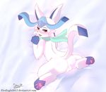  &lt;3 2016 alternate_color backsack balls bed blush cute eeveelution from_behind_position glaceon lying male nintendo paws pok&eacute;mon scarf senz sex shiny smile video_games 