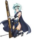  aqua_eyes aqua_hair armor armored_boots belt boots cape fingerless_gloves full_body gloves gochou_(kedama) goggles goggles_on_head gun high_heels holding holding_gun holding_weapon kneeling looking_at_viewer loose_belt official_art parted_lips pelvic_curtain rosel_(sennen_sensou_aigis) sennen_sensou_aigis short_hair solo thigh_boots thighhighs toned transparent_background weapon 