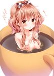  bangs blush bow breasts brown_bow brown_eyes checkered checkered_bow coffee collarbone commentary cup eyebrows_visible_through_hair hair_between_eyes hair_bow hair_over_breasts hands_on_own_chest in_container in_cup large_breasts light_brown_hair long_hair looking_at_viewer minigirl nogi_takayoshi original parted_lips partially_submerged personification ribbon simple_background solo teacup topless translated trembling wavy_hair white_background white_bow 