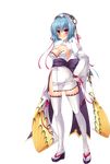  absurdres blue_hair blush breasts chouun cleavage full_body geta hand_on_hip hat highres japanese_clothes katagiri_hinata koihime_musou large_breasts looking_at_viewer obi purple_eyes ribbon sandals sash short_hair smile solo standing thighhighs transparent_background white_legwear wide_sleeves zettai_ryouiki 