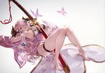  bare_legs barefoot between_thighs black_gloves black_panties blue_eyes breasts bug butterfly draph feet fingerless_gloves full_body gloves gradient gradient_background granblue_fantasy hair_ornament hair_over_one_eye hairclip highres horns insect large_breasts long_hair looking_at_viewer lying minaba_hideo narmaya_(granblue_fantasy) no_pants non-web_source official_art on_back ootachi open_mouth panties pink_hair shiny shiny_skin sideboob simple_background skindentation solo thigh_strap underwear 