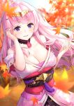  autumn_leaves bare_shoulders blue_eyes breasts choker cleavage hand_in_hair himeji_(oshiro_project) japanese_clothes kimono large_breasts long_hair looking_at_viewer off_shoulder oshiro_project oshiro_project_re pensuke pink_hair pink_kimono solo tiara upper_body 