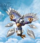  2015 activision avian bird clothing cloud female floating_island island kneeguards kunai lark_(bird) leotard looking_at_viewer official_art sky skylanders skylanders_superchargers solo stormblade talons tree unknown_artist weapon wingsuit zipper 