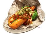  commentary_request food hot_dog momiji_mao newspaper no_humans original plate realistic sausage signature 