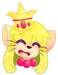  anthro blonde_hair crown eyes_closed fangs feline female hair jewelry mammal necklace open_mouth ottahz smile solo teeth 