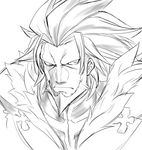  beard commentary_request dr.p facial_hair greyscale guilty_gear guilty_gear_xrd jacket leo_whitefang long_hair male_focus monochrome scowl solo 